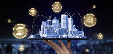 Modern yaratıcı iletişim ve internet ağı akıllı şehirde birleşir. 5G kablosuz dijital bağlantı ve gelecekteki şeylerin interneti kavramı.