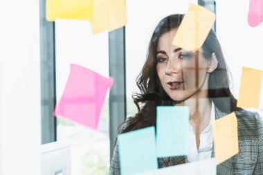 İş adamları ofisteki proje planlama kurulunda çalışıyor ve proje gelişimini analiz etmek için iş arkadaşlarıyla sohbet ediyorlar. Düzenli olması için cam duvara yapıştırılmış yapışkan notlar kullanıyorlar. .