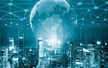 Modern yaratıcı iletişim ve internet ağı akıllı şehirde birleşir. 5G kablosuz dijital bağlantı ve gelecekteki şeylerin interneti kavramı.
