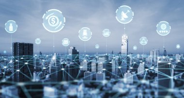 Modern yaratıcı iletişim ve internet ağı akıllı şehirde birleşir. 5G kablosuz dijital bağlantı ve gelecekteki şeylerin interneti kavramı.