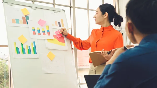 Young Woman Explains Business Data White Board Casual Office Room — Stock Photo, Image