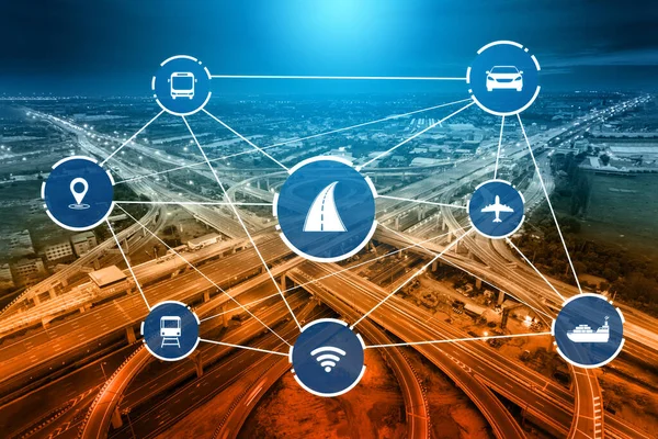 Smart transport technology concept for future car traffic on road . Virtual intelligent system makes digital information analysis to connect data of vehicle on city street . Futuristic innovation .