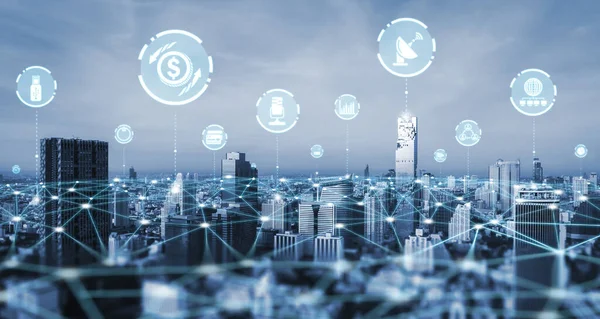 Modern yaratıcı iletişim ve internet ağı akıllı şehirde birleşir. 5G kablosuz dijital bağlantı ve gelecekteki şeylerin interneti kavramı.