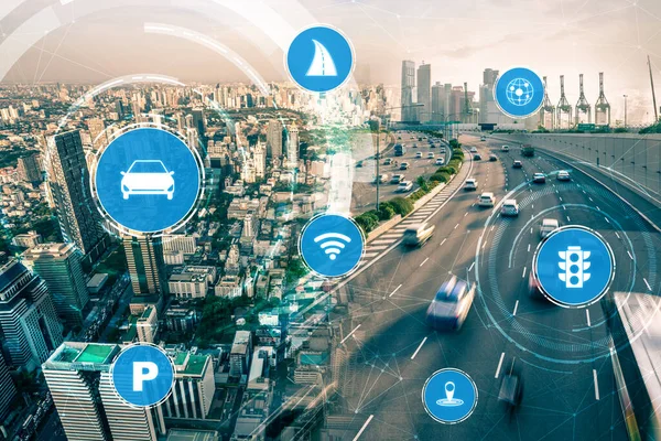 Smart transport technology concept for future car traffic on road . Virtual intelligent system makes digital information analysis to connect data of vehicle on city street . Futuristic innovation .