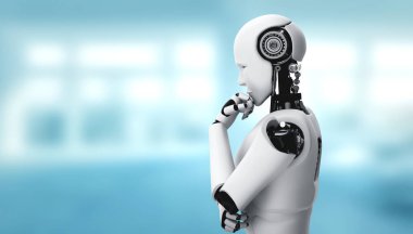 4. Sanayi Devrimi için yapay zeka kavramında yapay zeka kavramını analiz eden yapay zeka robotu düşünüyorum. 3B illüstrasyon.