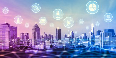 Modern yaratıcı iletişim ve internet ağı akıllı şehirde birleşir. 5G kablosuz dijital bağlantı ve gelecekteki şeylerin interneti kavramı.
