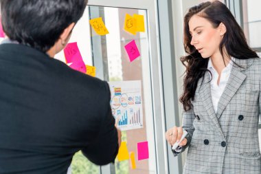 İş adamları ofisteki proje planlama kurulunda çalışıyor ve proje gelişimini analiz etmek için iş arkadaşlarıyla sohbet ediyorlar. Düzenli olması için cam duvara yapıştırılmış yapışkan notlar kullanıyorlar. .