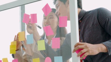 İş adamları ofisteki proje planlama kurulunda çalışıyor ve proje gelişimini analiz etmek için iş arkadaşlarıyla sohbet ediyorlar. Düzenli olması için cam duvara yapıştırılmış yapışkan notlar kullanıyorlar. .