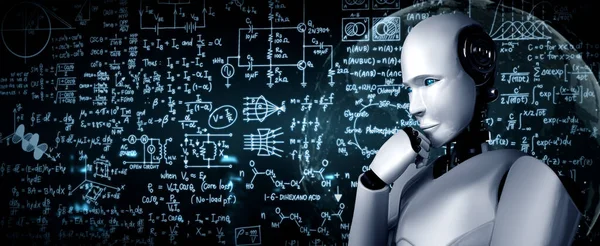 Denken Humanoider Roboter Analysiert Bildschirm Der Mathematischen Formel Und Naturwissenschaftlichen — Stockfoto