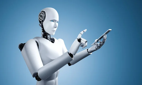 Robot Humanoidok Mobiltelefont Vagy Táblagépet Használnak Jövő Irodájában Miközben Mesterséges — Stock Fotó