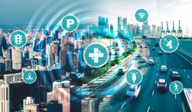 Gelecekteki araba trafiği için akıllı ulaşım teknolojisi kavramı. Sanal akıllı sistem, şehir sokaklarındaki araç verilerini birbirine bağlamak için dijital bilgi analizi yapıyor. Gelecekteki yenilik .