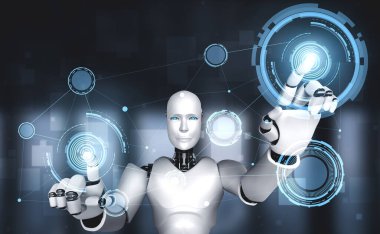 Yapay zeka robotu sanal sanal sanal sanal sanal ekrana dokunuyor ve yapay zeka kavramını makine öğrenme süreciyle gösteriyor. 3B illüstrasyon.