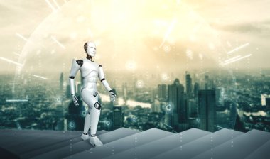 3 boyutlu robot insansı başarıya ve hedefe ulaşmak için merdivenlerden yukarı çıkıyor. Dördüncü endüstriyel devrim için beyin ve makine öğrenme süreci kavramı .