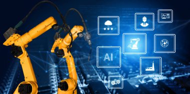 Sanayi 4.0 veya 4. endüstriyel devrimin otomasyon üretim sürecini ve IOT yazılımını gösteren dijital fabrika üretim teknolojisi için akıllı endüstriyel silahlar. .
