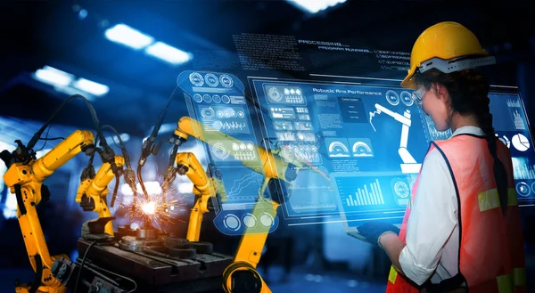 Intelligens Ipari Robotfegyverek Digitális Gyári Gyártási Technológiához Amelyek Bemutatják Ipar — Stock Fotó