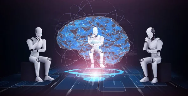 Denken Humanoïde Robot Analyseren Hologram Scherm Tonen Concept Van Hersenen — Stockfoto