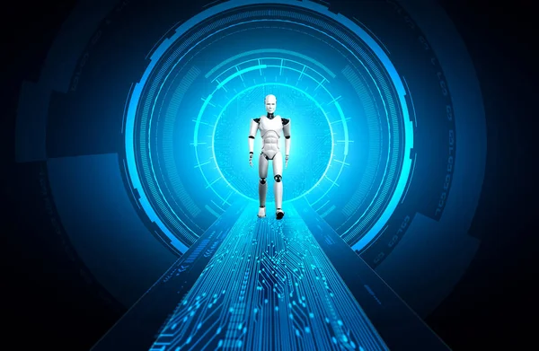 Rendering Robot Humanoid Sci Fantasy World Concept Thinking Brain Machine — Stock Photo, Image