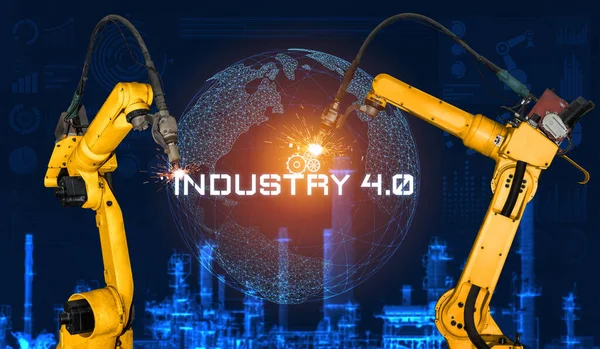 Inteligentní Průmyslové Robotické Ramena Pro Digitální Tovární Výrobní Technologii Ukazující — Stock fotografie