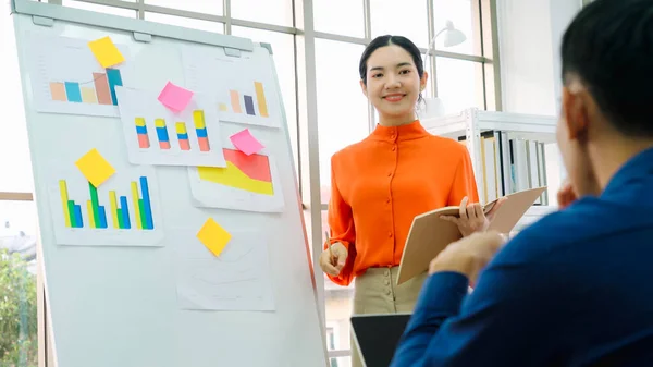 Young Woman Explains Business Data White Board Casual Office Room — Stock Photo, Image