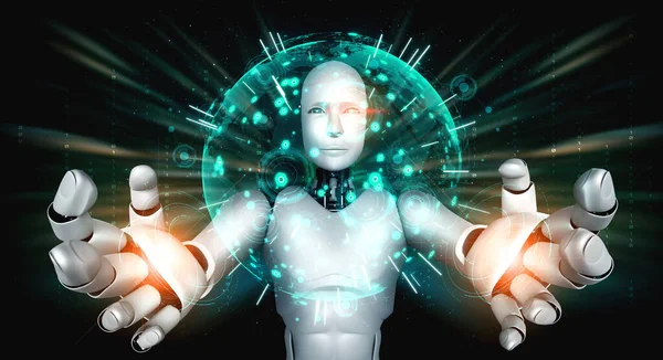 AI humanoid robot holding hologram screen shows concept of global communication network using artificial intelligence thinking by machine learning process. 3D illustration computer graphic.