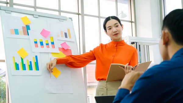 Young Woman Explains Business Data White Board Casual Office Room — Stock Photo, Image