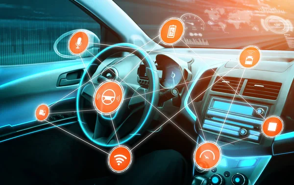 Driverless car interior with futuristic dashboard for autonomous control system . Inside view of cockpit HUD technology using AI artificial intelligence sensor to drive car without people driver .