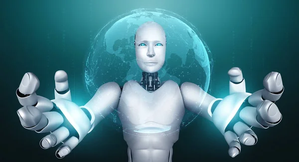 Ρομπότ Τεχνητής Νοημοσύνης Humanoid Robot Που Κρατά Την Οθόνη Ολογράμματος — Φωτογραφία Αρχείου