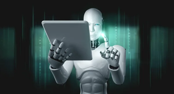 Roboter Humanoide Mit Tablet Computer Zukünftigen Büro Während Denkgehirn Künstliche — Stockfoto