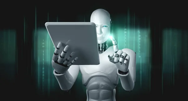 Robot humanoid using tablet computer in future office while using AI thinking brain , artificial intelligence and machine learning process . 4th fourth industrial revolution 3D illustration.