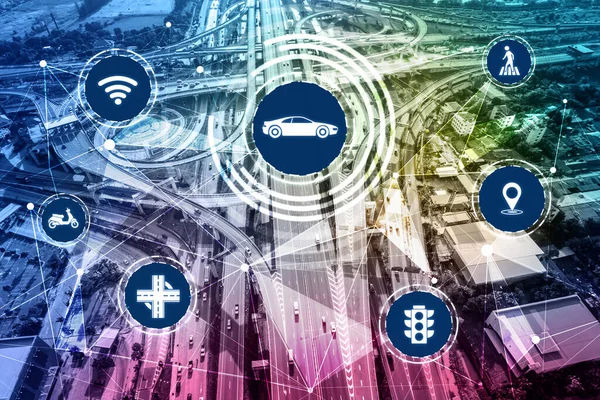 Smart transport technology concept for future car traffic on road . Virtual intelligent system makes digital information analysis to connect data of vehicle on city street . Futuristic innovation .