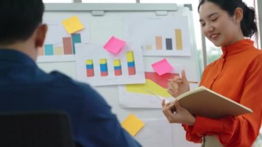 Genç kadın iş verilerini beyaz tahtada açıklıyor
