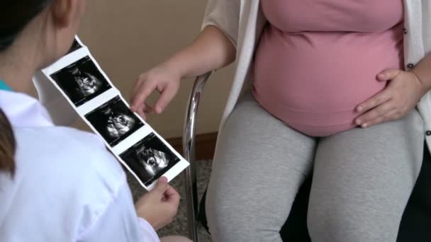 Gravid kvinna och gynekolog doktor vid sjukhuset — Stockvideo