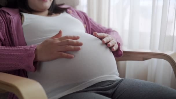 Mujer embarazada feliz y esperando un bebé en casa. — Vídeo de stock