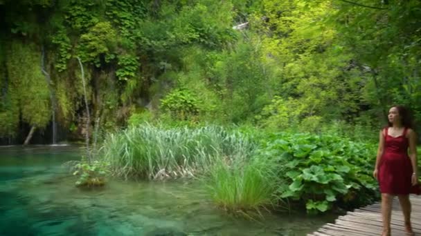 Viajero mujer disfruta de cascada en los lagos de Plitvice — Vídeo de stock