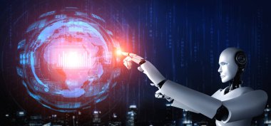 Yapay zeka robotu sanal sanal sanal sanal sanal sanal ekrana dokunuyor. Makine öğrenme sürecinde yapay zeka kullanarak büyük veri analitiği kavramını gösteriyor. 3B illüstrasyon.