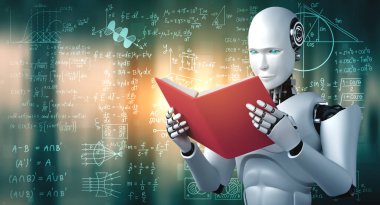 3D illustration of robot humanoid reading book and solving math data analytics in concept of future mathematics artificial intelligence, data mining and 4th fourth industrial automation revolution . clipart