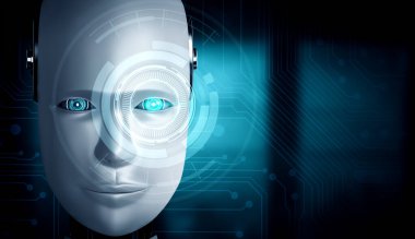 Robot insansı robot, 4. Sanayi Devrimi için yapay zeka, yapay zeka ve makine öğrenme sürecinin grafik konseptini yakından takip ediyor. 3B görüntüleme