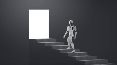 3 boyutlu robot insansı başarıya ve hedefe ulaşmak için merdivenlerden yukarı çıkıyor. Dördüncü endüstriyel devrim için beyin ve makine öğrenme süreci kavramı .