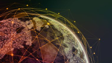 3 boyutlu illüstrasyon modern yaratıcı iletişim ve internet ağ haritası akıllı şehirde bağlanıyor. Uluslararası 5G kablosuz dijital bağlantı kavramı ve gelecekteki şeylerin interneti.