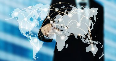 Modern yaratıcı iletişim ve internet ağı akıllı şehirde birleşir. 5G kablosuz dijital bağlantı ve gelecekteki şeylerin interneti kavramı.