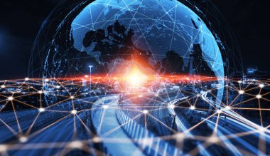 Modern yaratıcı iletişim ve internet ağı akıllı şehirde birleşir. 5G kablosuz dijital bağlantı ve gelecekteki şeylerin interneti kavramı.