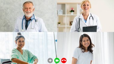 Doktor ve hasta teletıp servisi için görüntülü görüşme yapıyorlar. Bilgisayar ekranının kırpılmış zoom görüntüsünde çevrimiçi sağlık uygulaması. Tıbbi teknoloji kavramı .