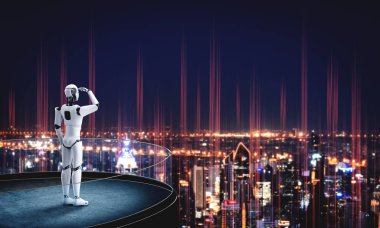 3D illüstrasyon robotu insansı şehir manzarası siluetine karşı dört gözle bekliyor. Yapay zekanın gelecekteki gelişimi için liderlik, fikir ve vizyon kavramı .