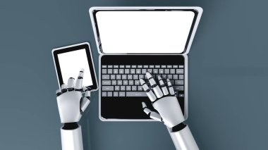 Robot insanımsı dizüstü bilgisayar kullanır ve yapay zeka, yapay zeka ve makine öğrenme sürecini kullanarak geleceğin ofisinde masada oturur. 4. Sanayi Devrimi 3 boyutlu illüstrasyon.