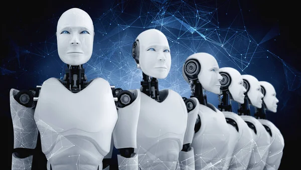 Robot insansı grubun gelecekteki yapay zeka kavramı ve 4. endüstriyel devrim konsepti. .