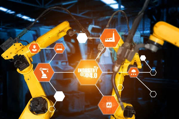 Inteligentne Przemysłowe Ramiona Robotów Cyfrowej Technologii Produkcji Fabrycznej Pokazujące Proces — Zdjęcie stockowe