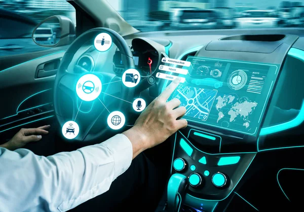 Interno Auto Senza Conducente Con Cruscotto Futuristico Sistema Controllo Autonomo — Foto Stock