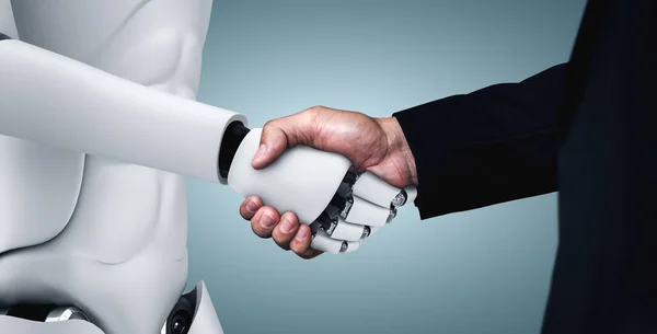 3D rendering humanoid robot handshake to collaborate future technology development by AI thinking brain, artificial intelligence and machine learning process for 4th industrial revolution.