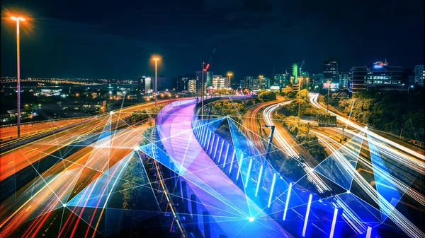 Smart transport technology concept for future car traffic on road . Virtual intelligent system makes digital information analysis to connect data of vehicle on city street . Futuristic innovation .