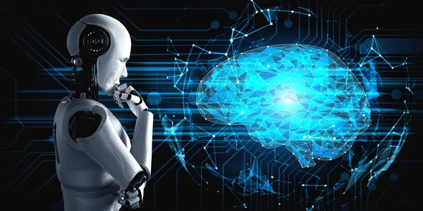 Pensando Robô Humanoide Analisando Tela Holográfica Mostrando Conceito Inteligência Artificial — Fotografia de Stock